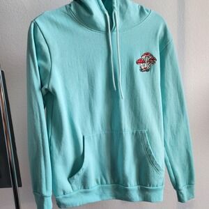 Vibes Mushroom Embroidered Hoodie Aqua Blue Pullover Hooded Sweatshirt Size S